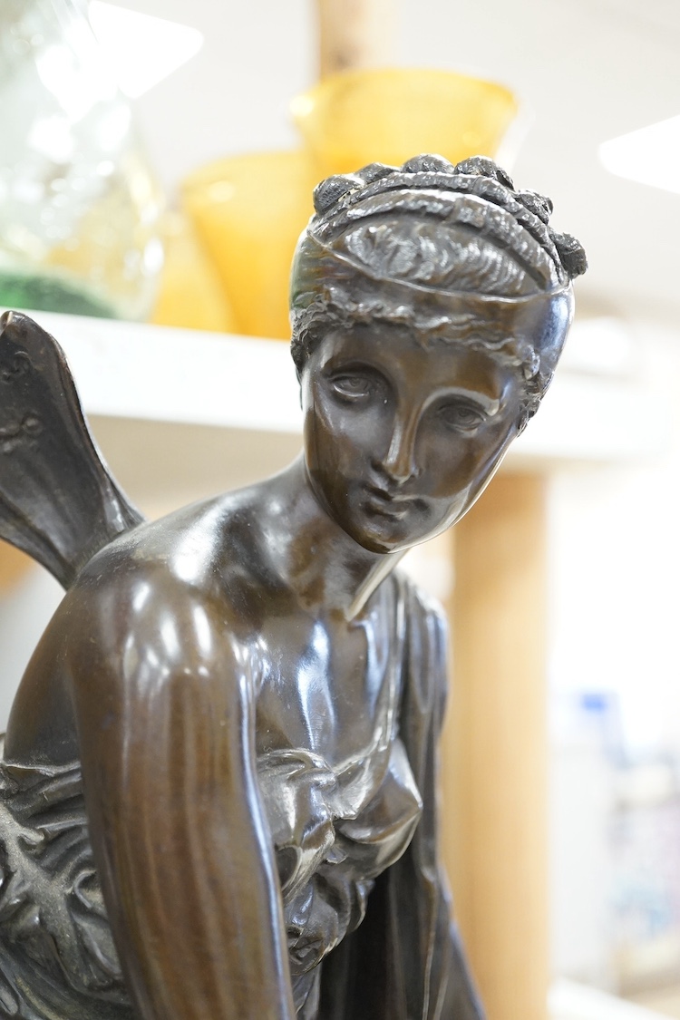 Etienne Henri Dumaige (French 1830-1888), a bronze sculpture ‘Psyche’, the Vestal Virgin protecting the Eternal Flame of Rome, 48cm. Condition - later screw to oil lamp otherwise good